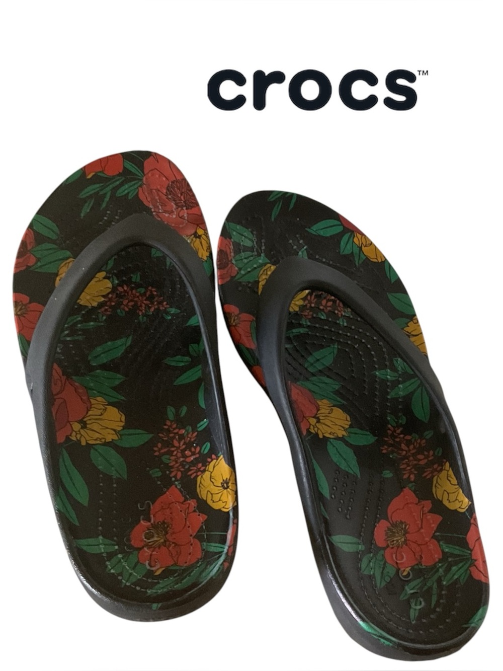 🧡CROCS Women's Floral Print Black Flip Sandals with Red & Yellow Flowers